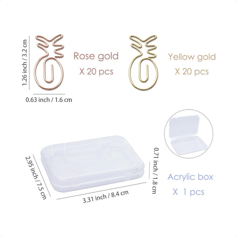 OWLFAVO 40pcs Pineapple Shape Paper Clips with Clear Box, Rose Gold and Yellow Gold, Funny Cute Paperclips Bookmarks Planner Clips for Fun Office Supplies School Gifts Wedding Decoration - Image 2